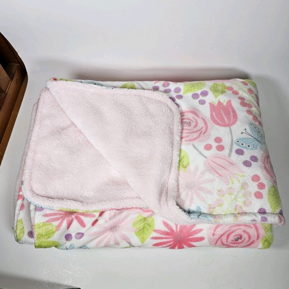 Parent's Choice Baby Blanket Flower & Butterfly Pink Green Blue Plush 30x40